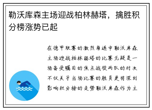 勒沃库森主场迎战柏林赫塔，擒胜积分榜涨势已起