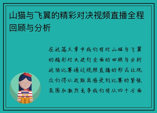 山猫与飞翼的精彩对决视频直播全程回顾与分析