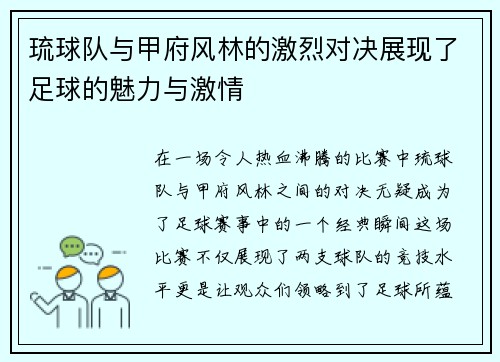 琉球队与甲府风林的激烈对决展现了足球的魅力与激情