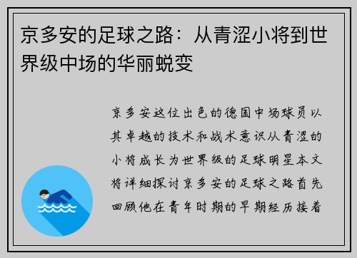 京多安的足球之路：从青涩小将到世界级中场的华丽蜕变